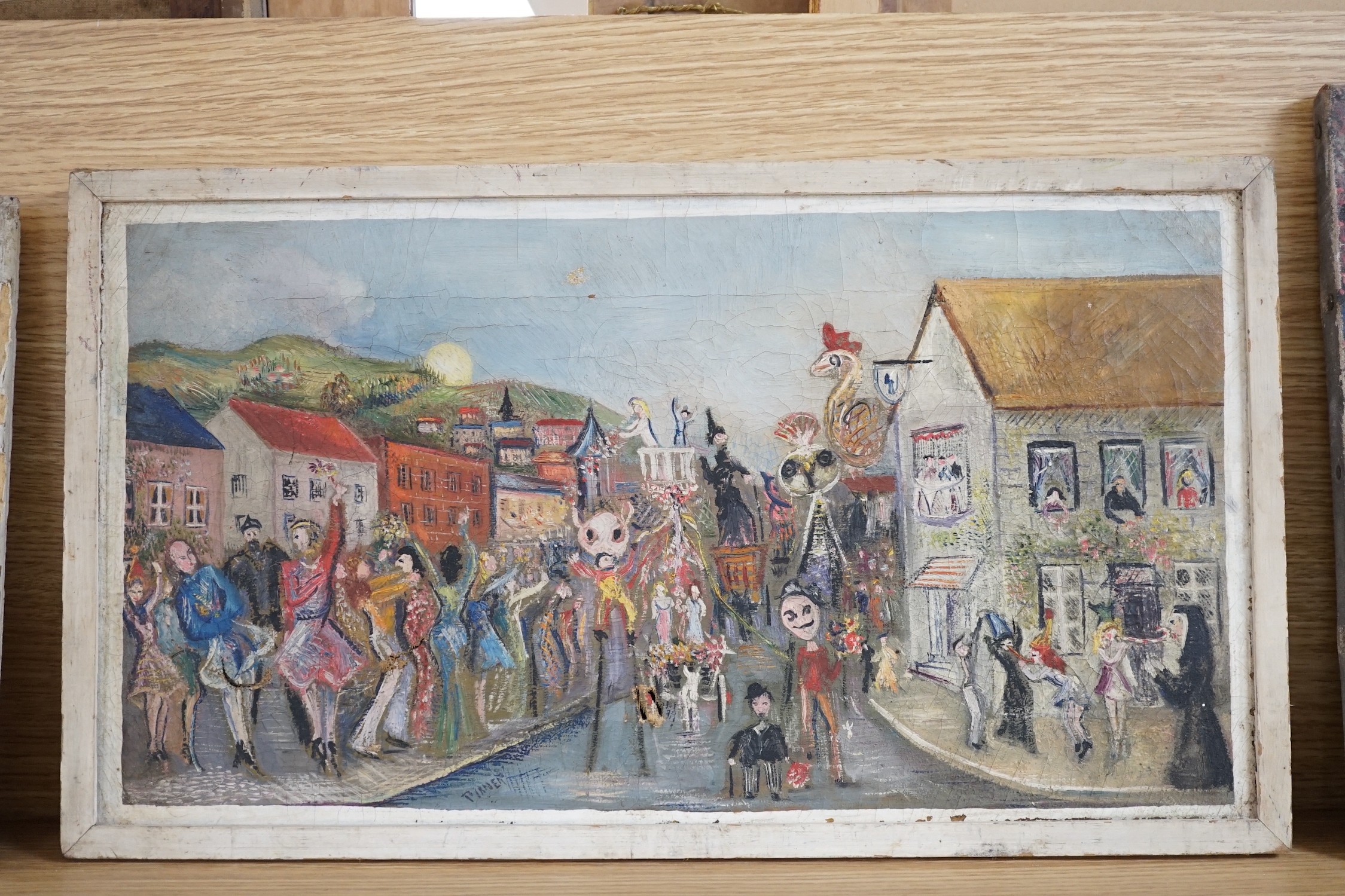 Pinder, oil on canvas, 'Carnival', signed, 25 x 46cm